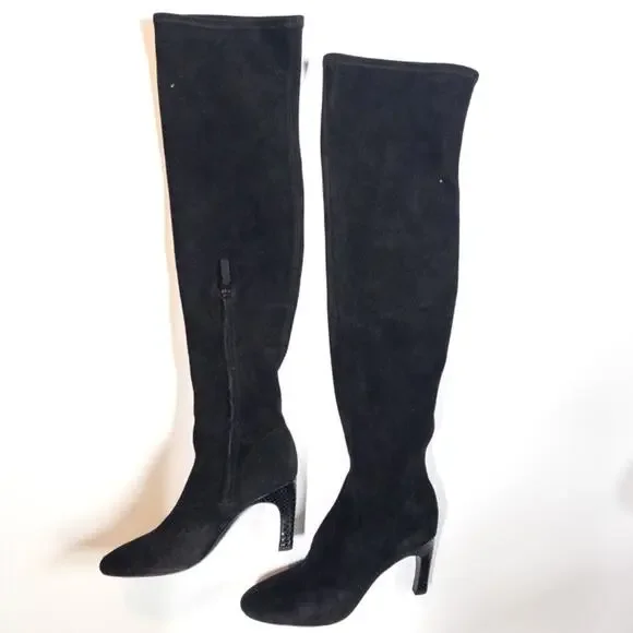 Tory Burch Over the Knee Stretch Boot Womens 7 Black Suede 80mm Snake Skin Heel - Picture 4 of 10